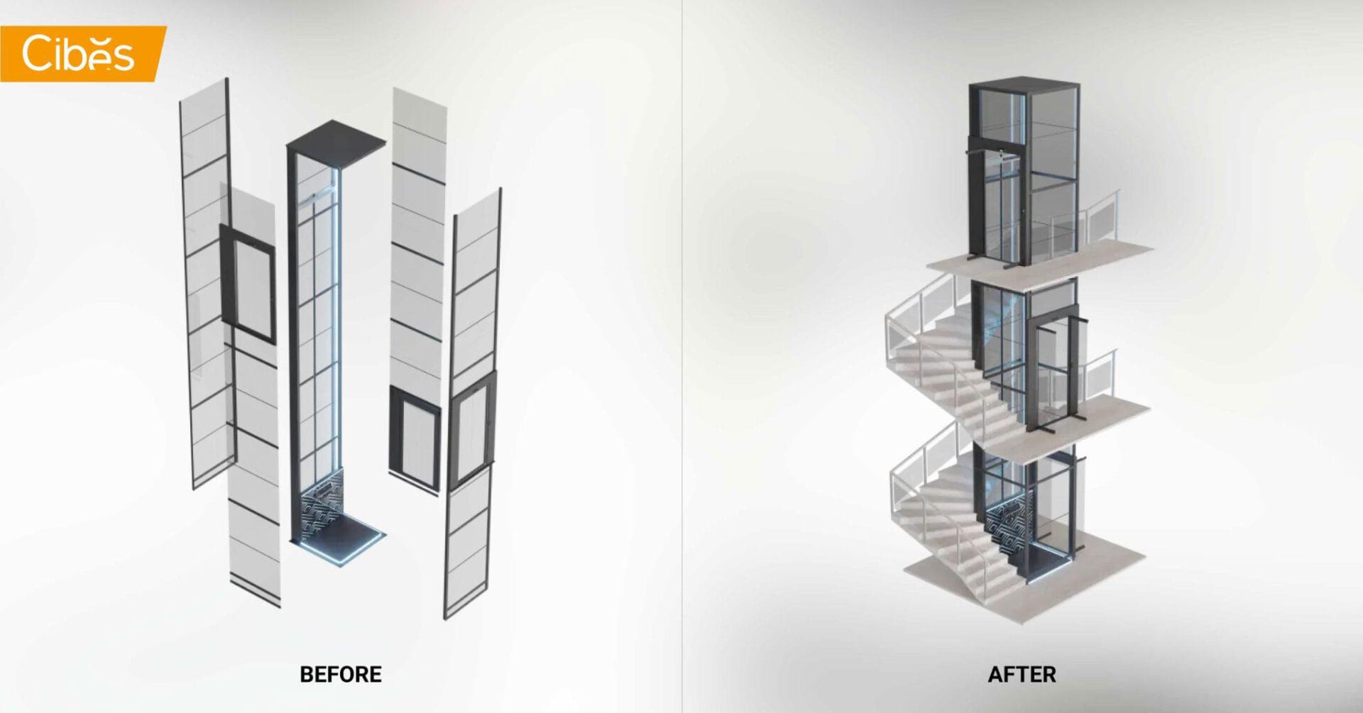ภาพลิฟท์บ้านระบบสกรู Cibes ที่เป็นลิฟท์พรีเมี่ยมสำเร็จรูป ถอดชิ้นส่วนเพื่อมาประกอบที่บ้านและอาคารของท่าน